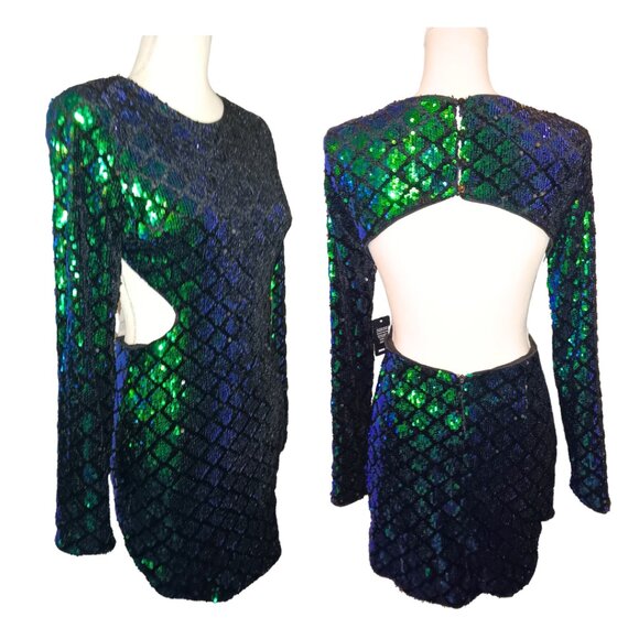 NWT FOREVER 21 Mermaid Sequin Open Back Mini Dress - After Dark Collection - M - Picture 1 of 12
